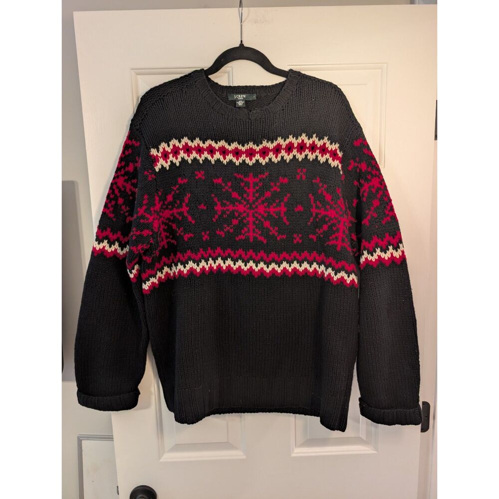 J.Crew Handknit Fair Isle Snowflake Sweater Men's L Black Red Lambswool